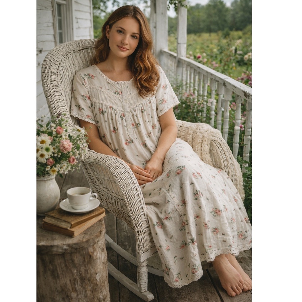 VTG. Laura Ashley Floral Cottagecore Nightgown‎ Nap Dress Lace Trim Midi  S